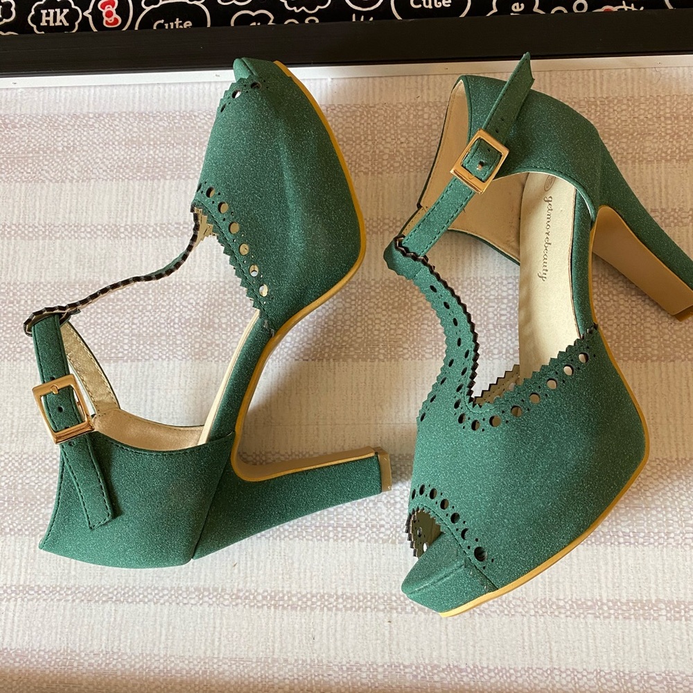 Green faux suede T-Strap block heels